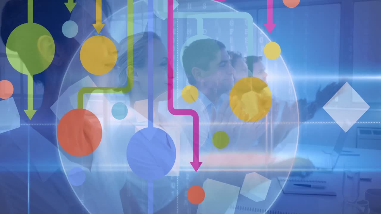 사무실의 회의실에서 박수를 치는 사업가들 위에 추상적인 다채로운 모양을 스캔하는 범위