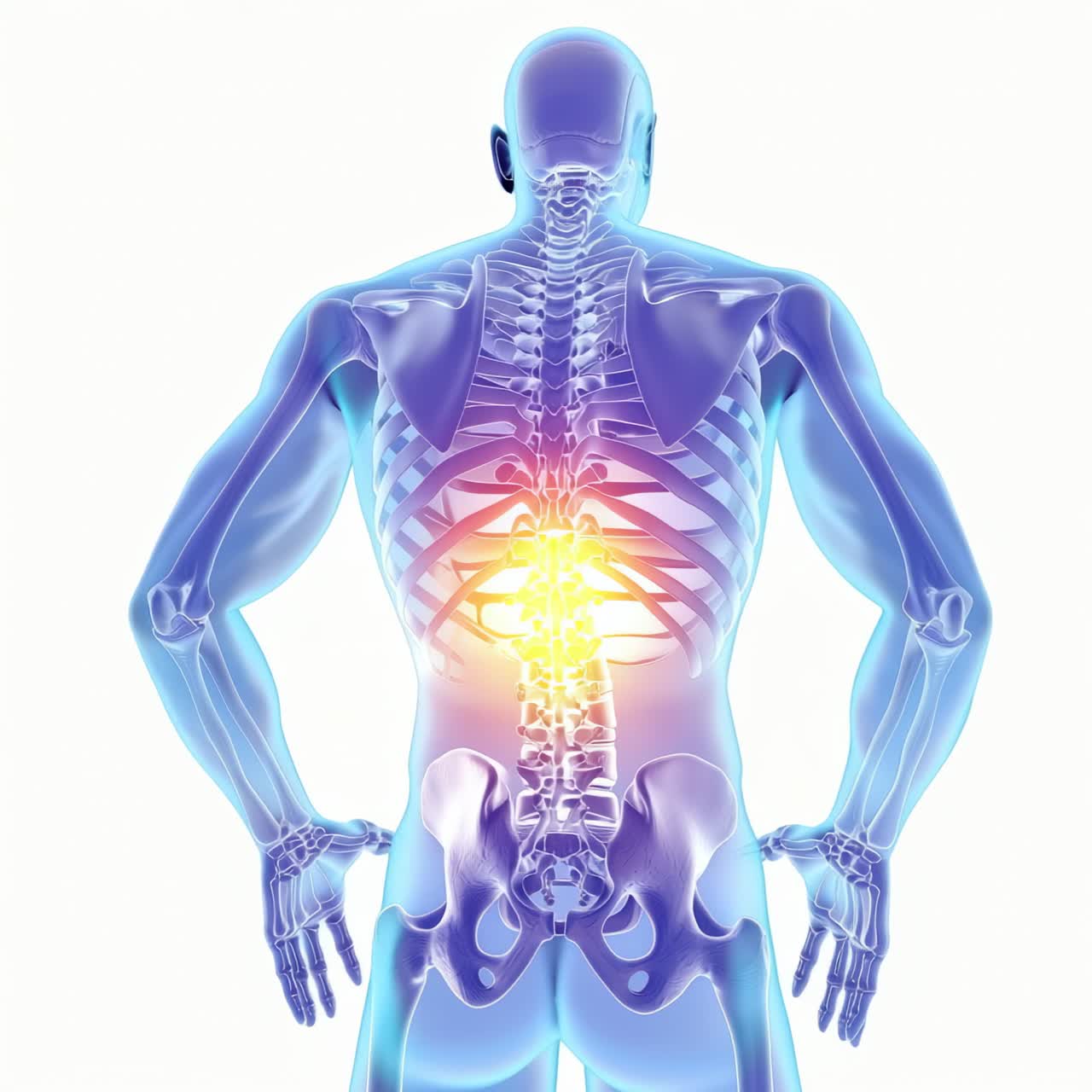 3D medical illustration of a human skeleton with a glowing spine, viewed from a rear angle, often