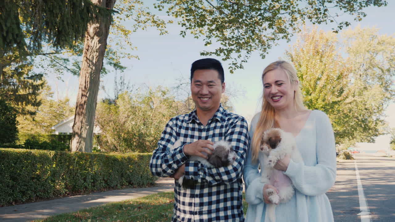 강아지와 함께 산책하는 젊은 부부