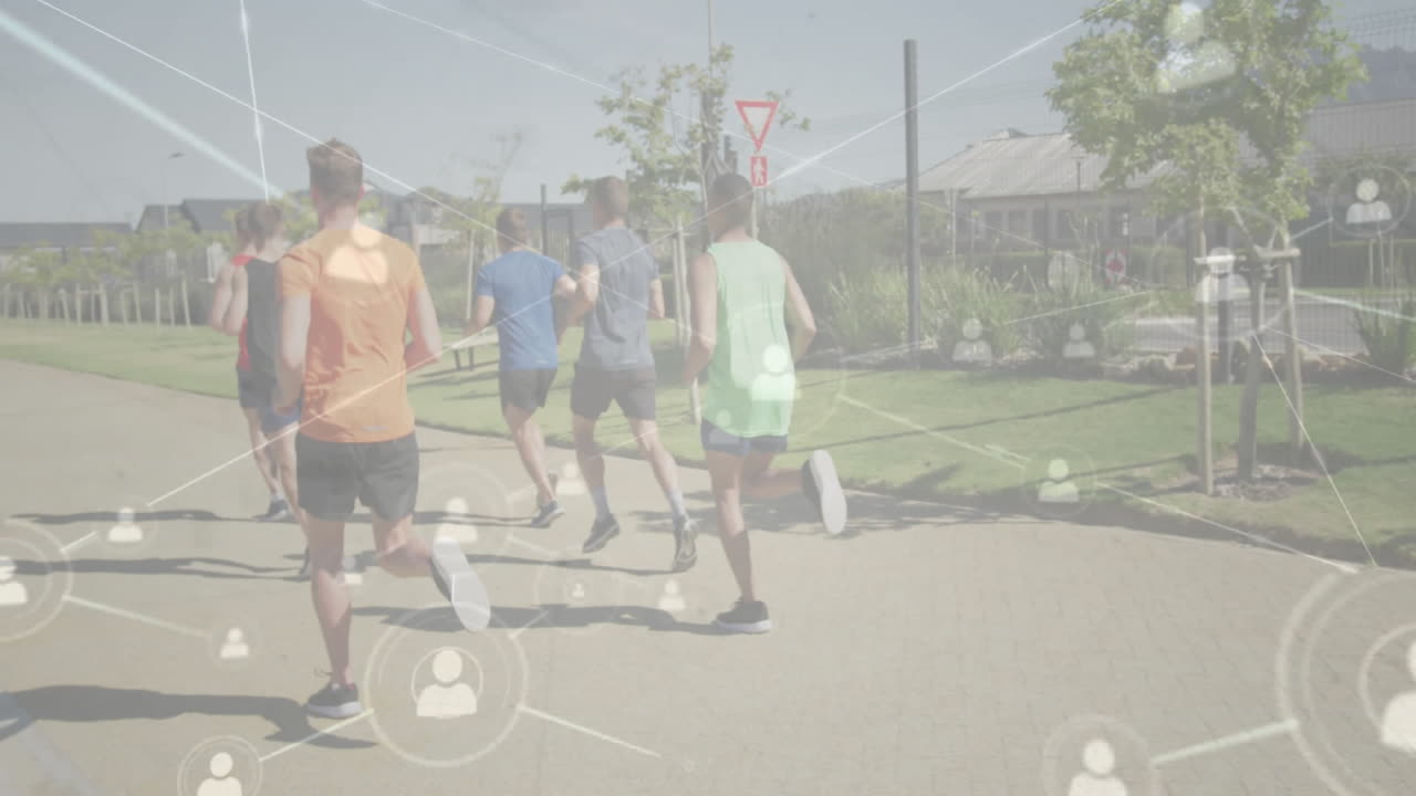 Group of male runners training along suburban pathway, with animated health graph overlaying
