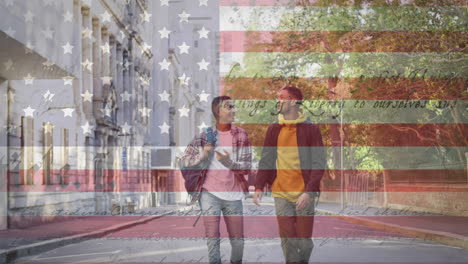 animation of american flag and constitution text over biracial male couple walking in city