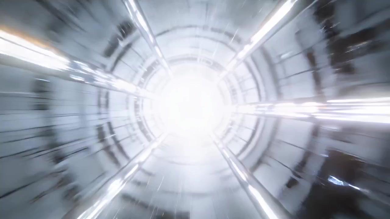 Accelerating camera moving through metallic shaft to reach bright ringed aperture with light streak
