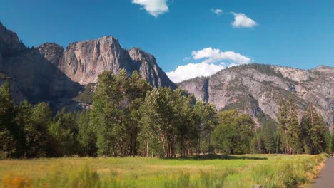 fast moving shot along a meadow with towering granite rock faces above