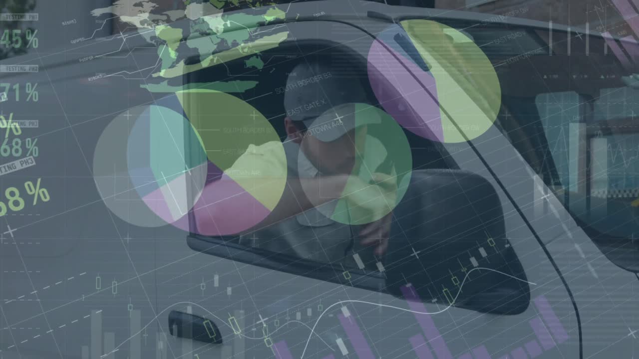 통계 및 금융 데이터 처리의 애니메이션 배달 남자와 밴