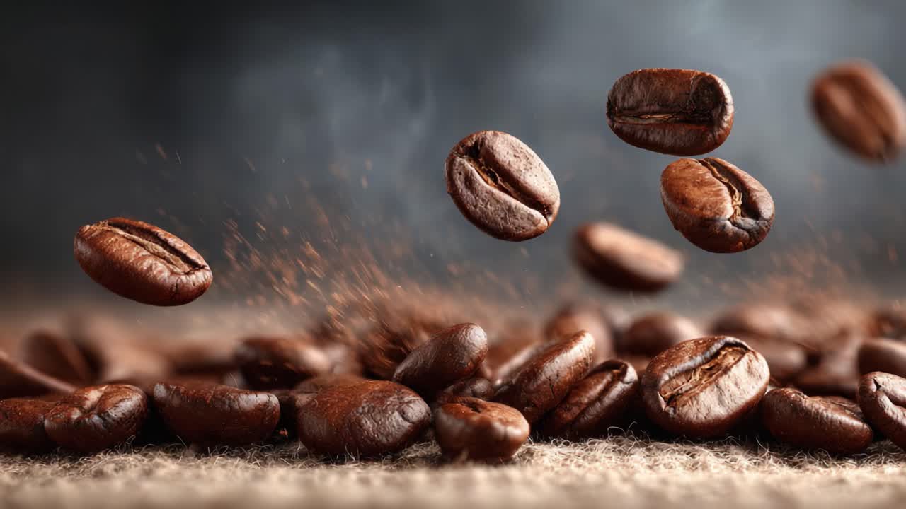 Mesmerizing Dance of Coffee Beans: A Stunning Showcase of Aromatic Treasures Above a Textured Canvas, Capturing the Essence of Freshness and Flavor in Every Breathtaking Moment