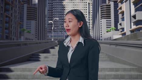 side view of an angry asian business woman scolding while standing in urban city