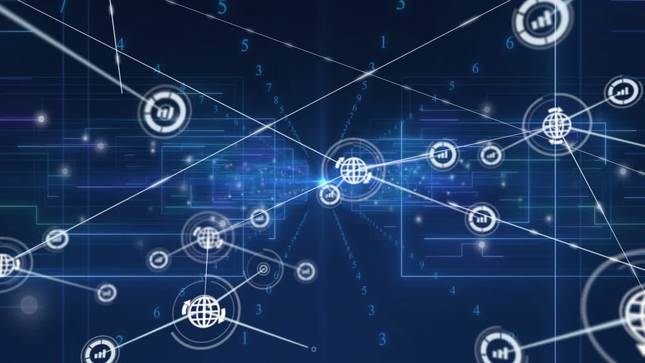 Network connections and data processing animation over digital interface background