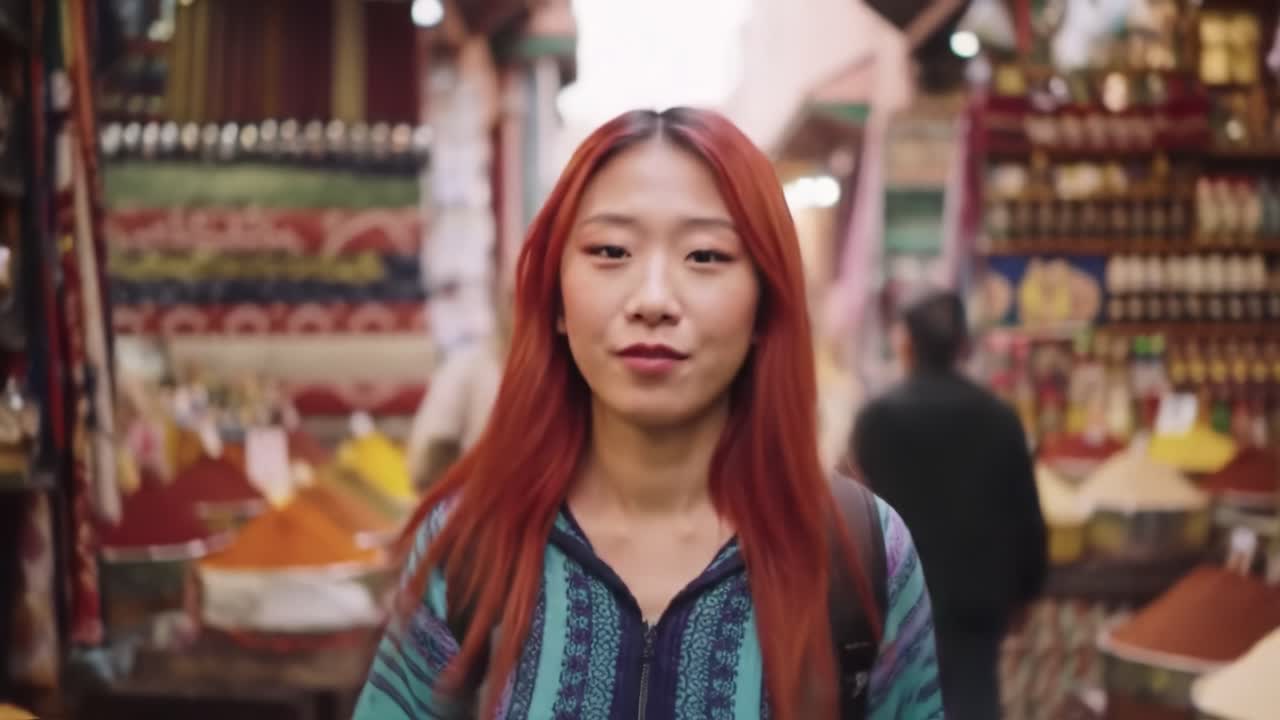 A young woman walks through colorful market stalls filled with spices and local goods. The atmosphere is lively, with vendors and shoppers all around, showcasing cultural richness.