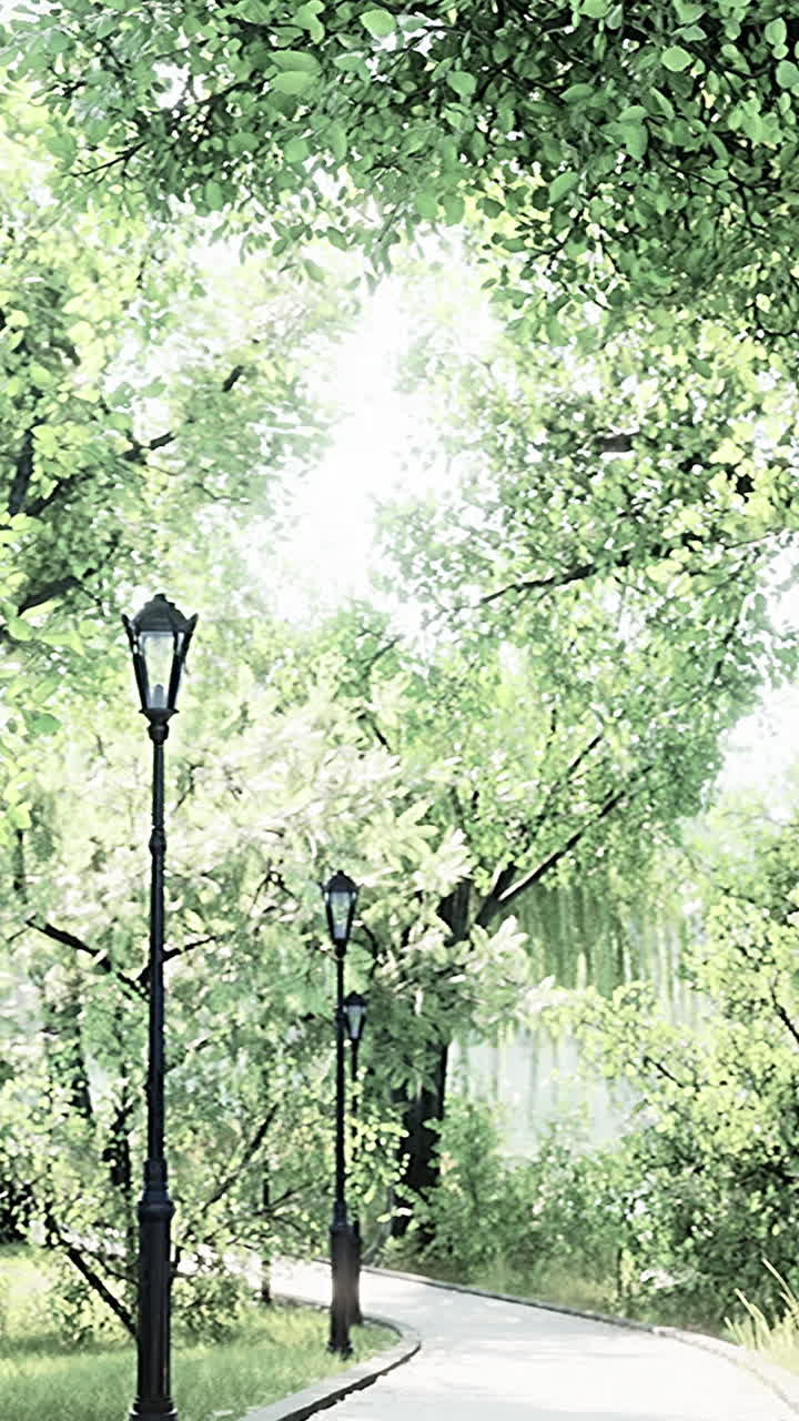 울창 한 초록색 공원 을 가로질러 포장 된 길