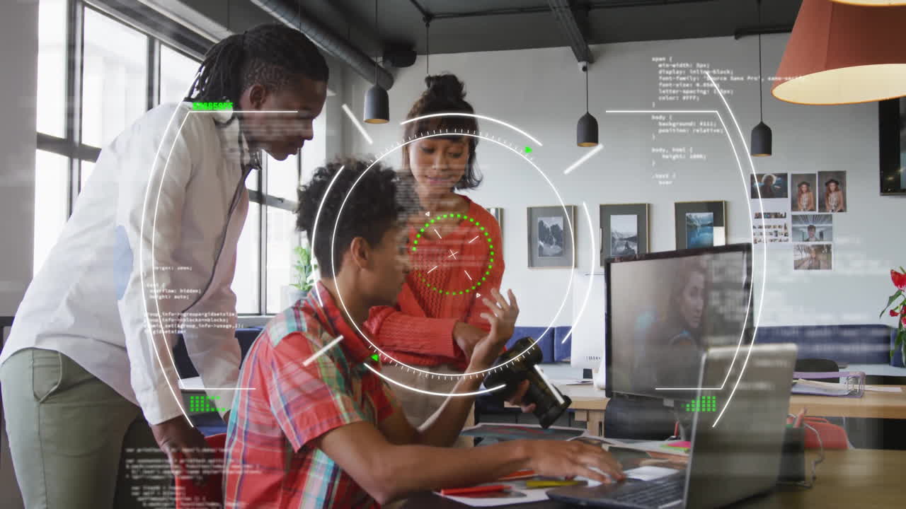 Animation of data processing and scope scanning over diverse colleagues discussing work in office