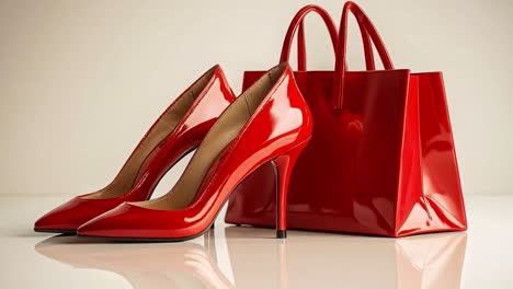 stylish red high heels and matching handbag