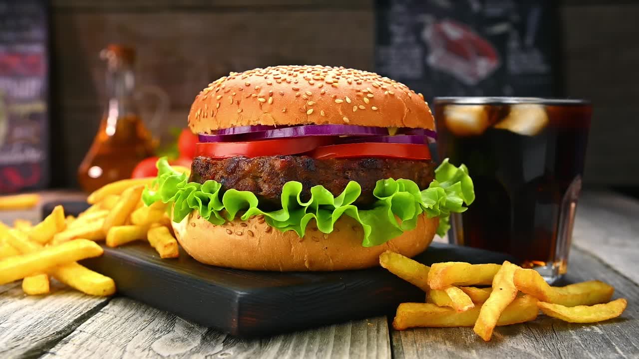 Hamburger con lattuga, pomodoro, cipolla, patatine fritte e bevanda su un tavolo di legno. Un hamburger su un tagliere di legno con lattuga, pomodoro e cipolla