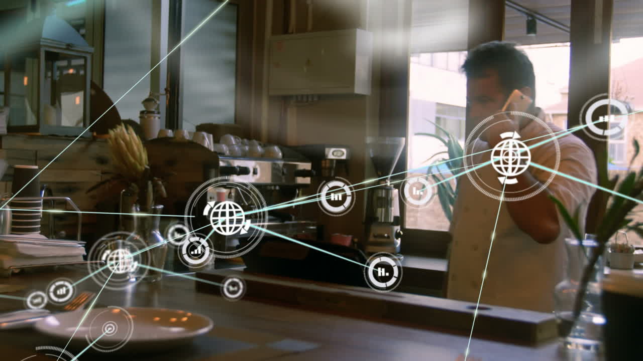 스마트 폰을 사용하는 두 인종 사업가에 대한 아이콘과의 연결 네트워크의 애니메이션