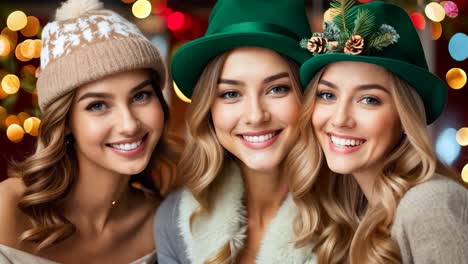 three women wearing green hats and smiling at the camera