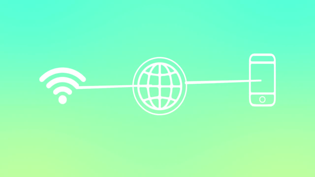 Animation of smartphone and connections with tech icons on green background