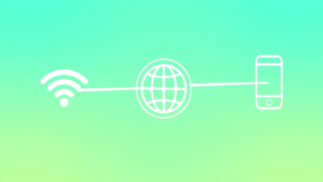 animación de teléfonos inteligentes y conexiones con iconos tecnológicos en fondo verde