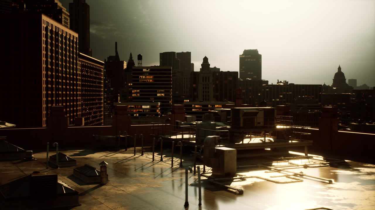 도시 지붕에서 해가 지는 모습