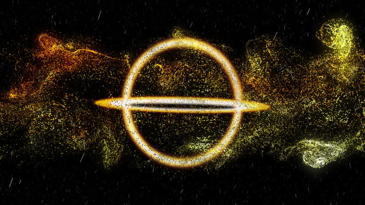 Glowing golden ring floating in digital void, crossing luminous bar and swirling particle clouds