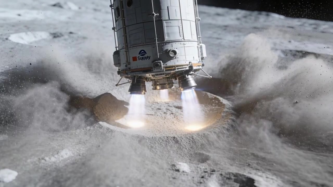 Motori che si accendono, lander lunare cilindrico che si abbassa sopra un cratere, scandagliando la regolite per l'atterraggio.