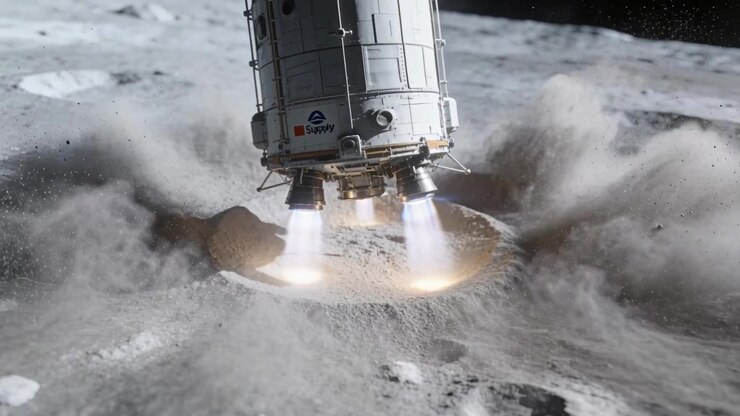 Motori che si accendono, lander lunare cilindrico che si abbassa sopra un cratere, scandagliando la regolite per l'atterraggio.