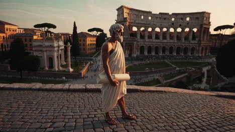 ancient roman philosopher at the colosseum at sunset