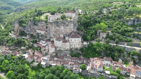 rocamadour france small clifftop village high angle panning drone,aerial