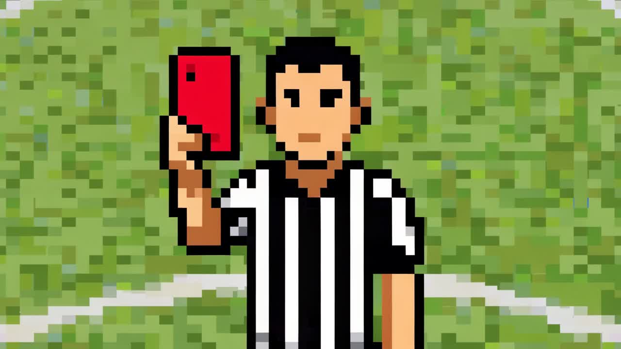 Glitch RGB che causa un arbitro pixelato a strisce, che si scompone in pixel al centro del campo e alza il cartellino rosso.