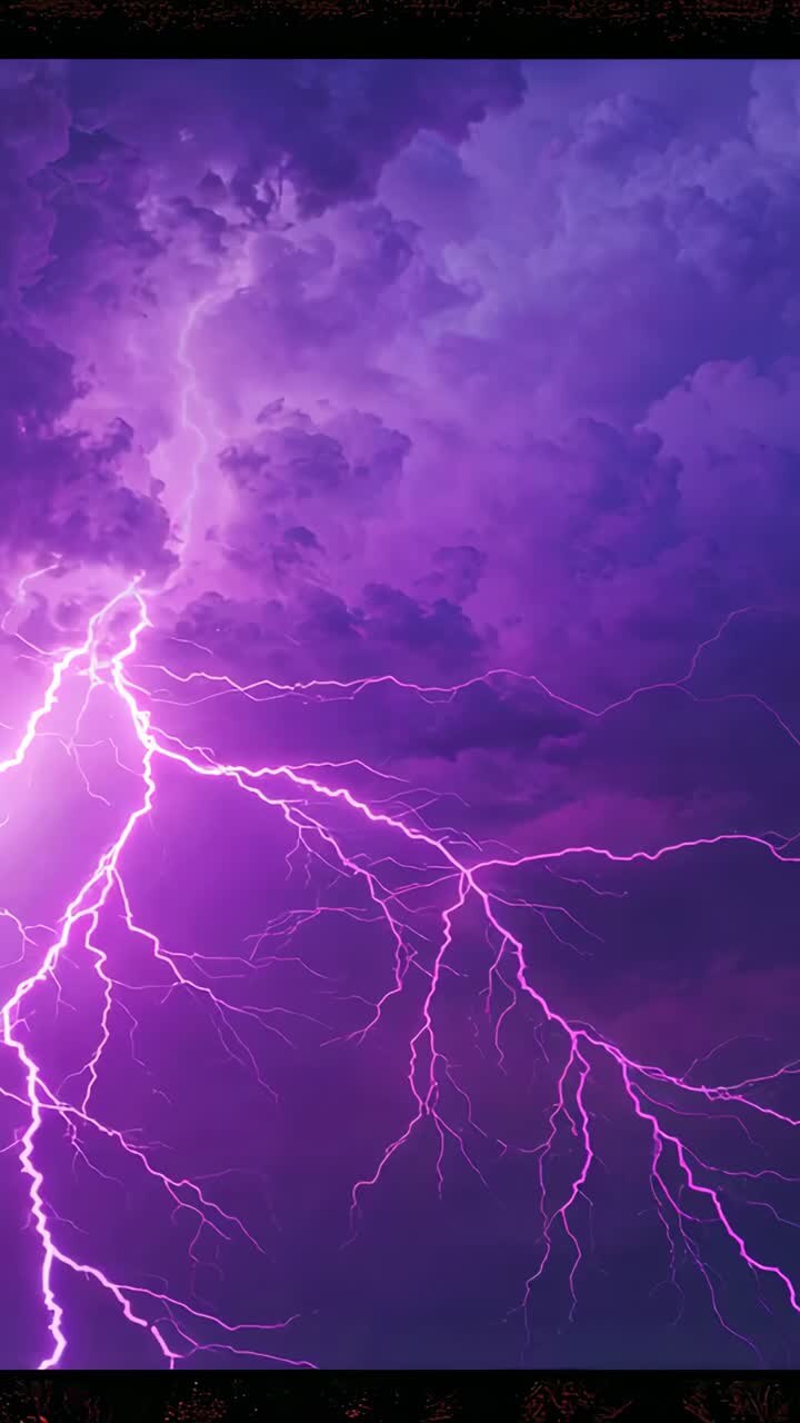 Video verticale: fulmini viola ramificati che saettano nel cielo notturno mentre la tempesta si avvicina all'orizzonte, con barre
