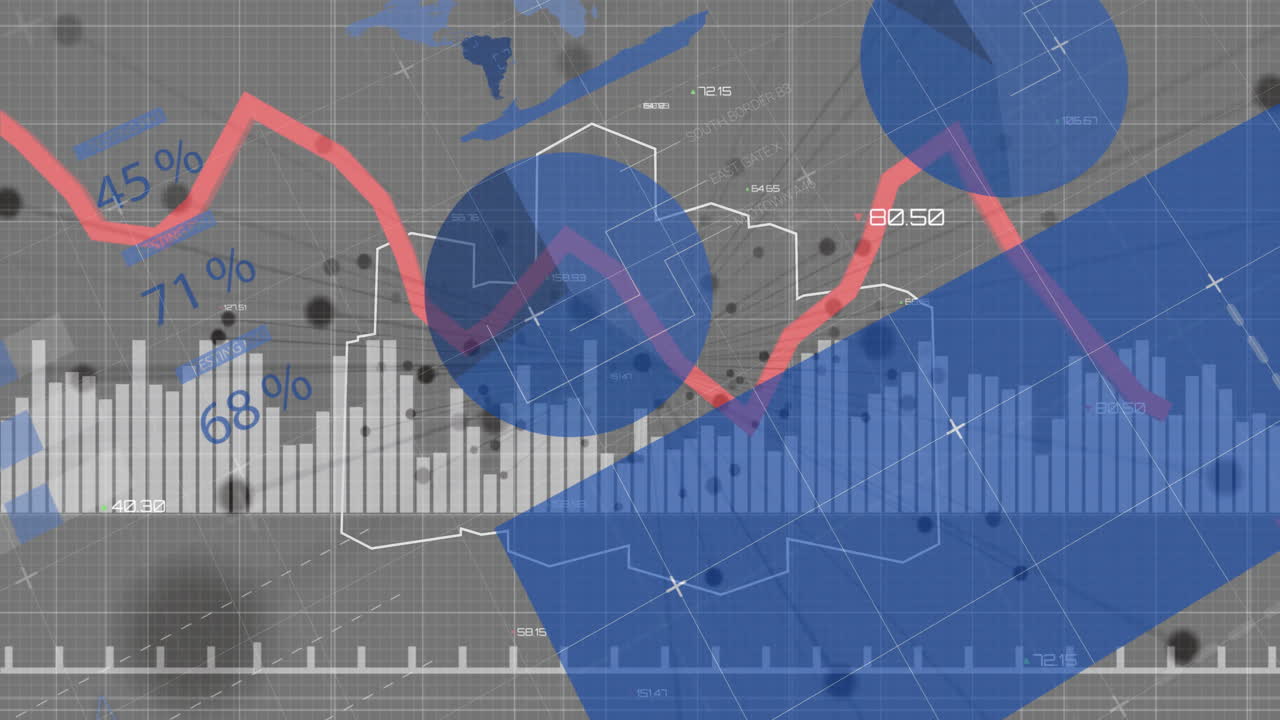 Animation of financial data with red trend line over global map background