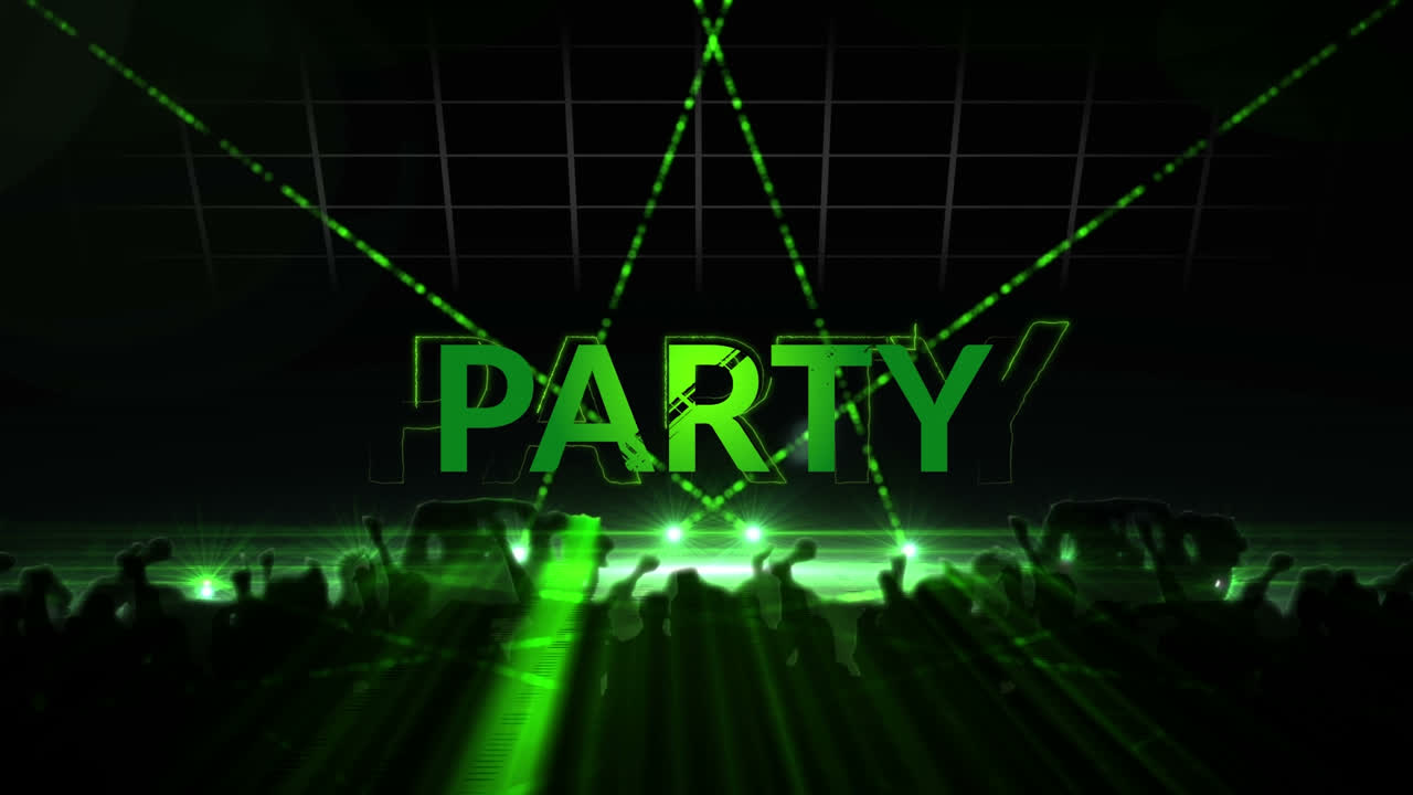 춤추는 사람들과 레이저의 실루 위에 파티 텍스트의 애니메이션