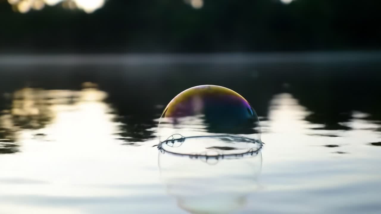 Captivating Close-Up of a Soap Bubble Floating on Water Surface, Reflecting Colors and Nature's Tranquility in a Serene Environment, Perfectly Balanced and Delicately Beautiful