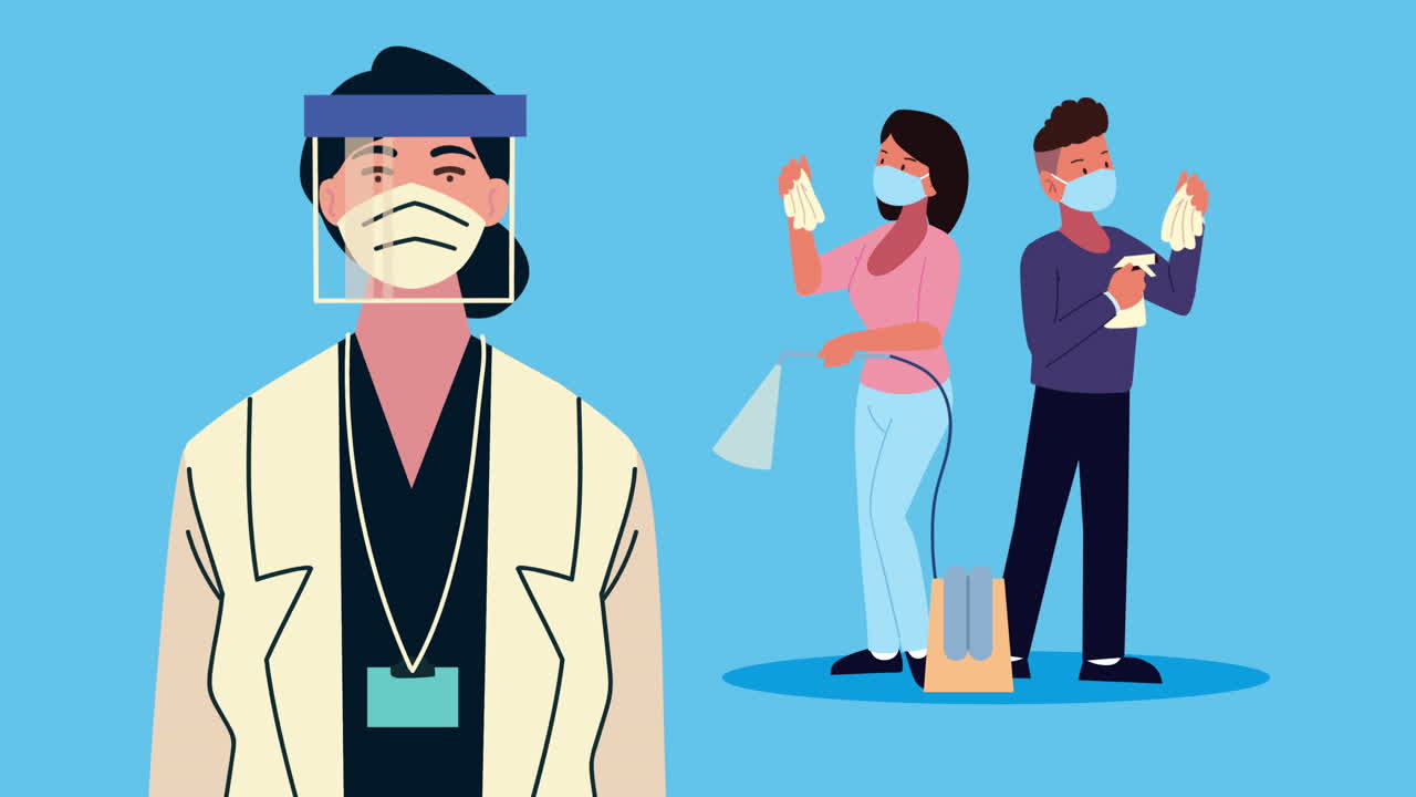 여성 의사와 스플래시 병을 들고 있는 남자 코로나19 예방 애니메이션