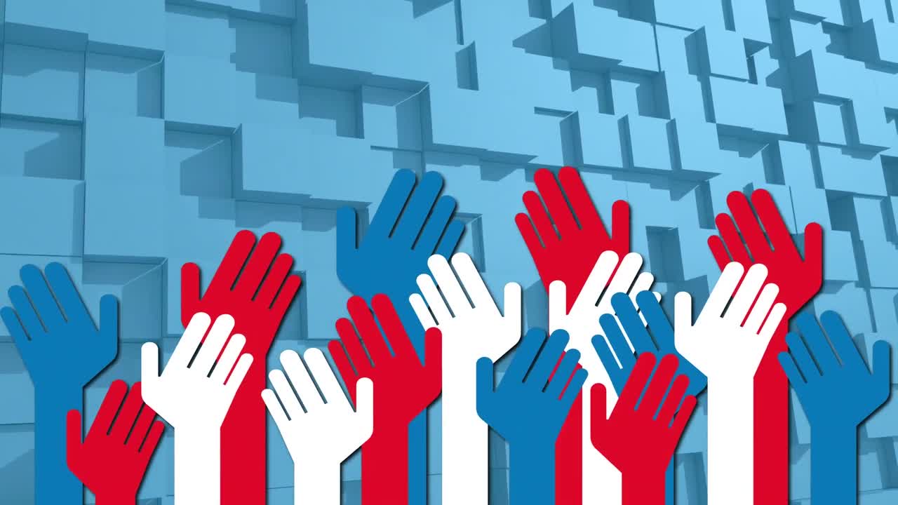 추상적인 모양의 배경 위에 색, 빨간색 및 파란색 손의 애니메이션