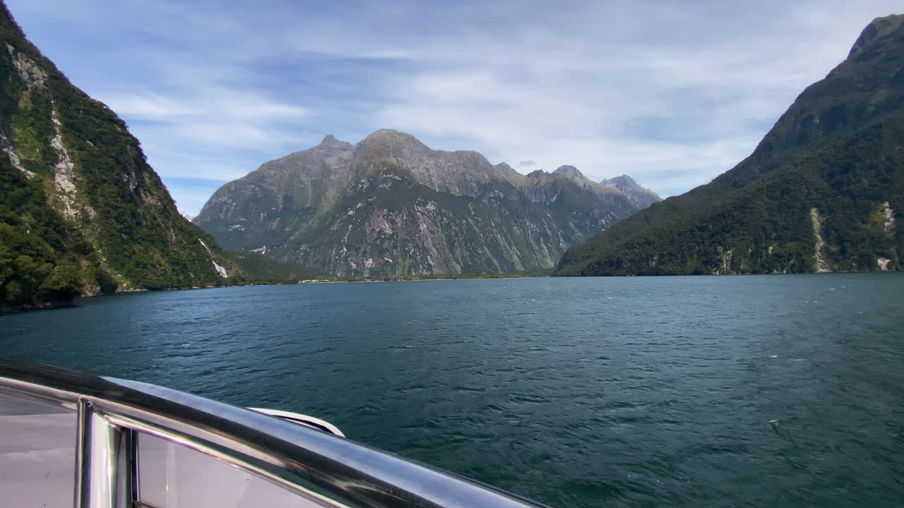 Milford Sound cruise, view from front of boat in Fiordland National Park, New Zealand