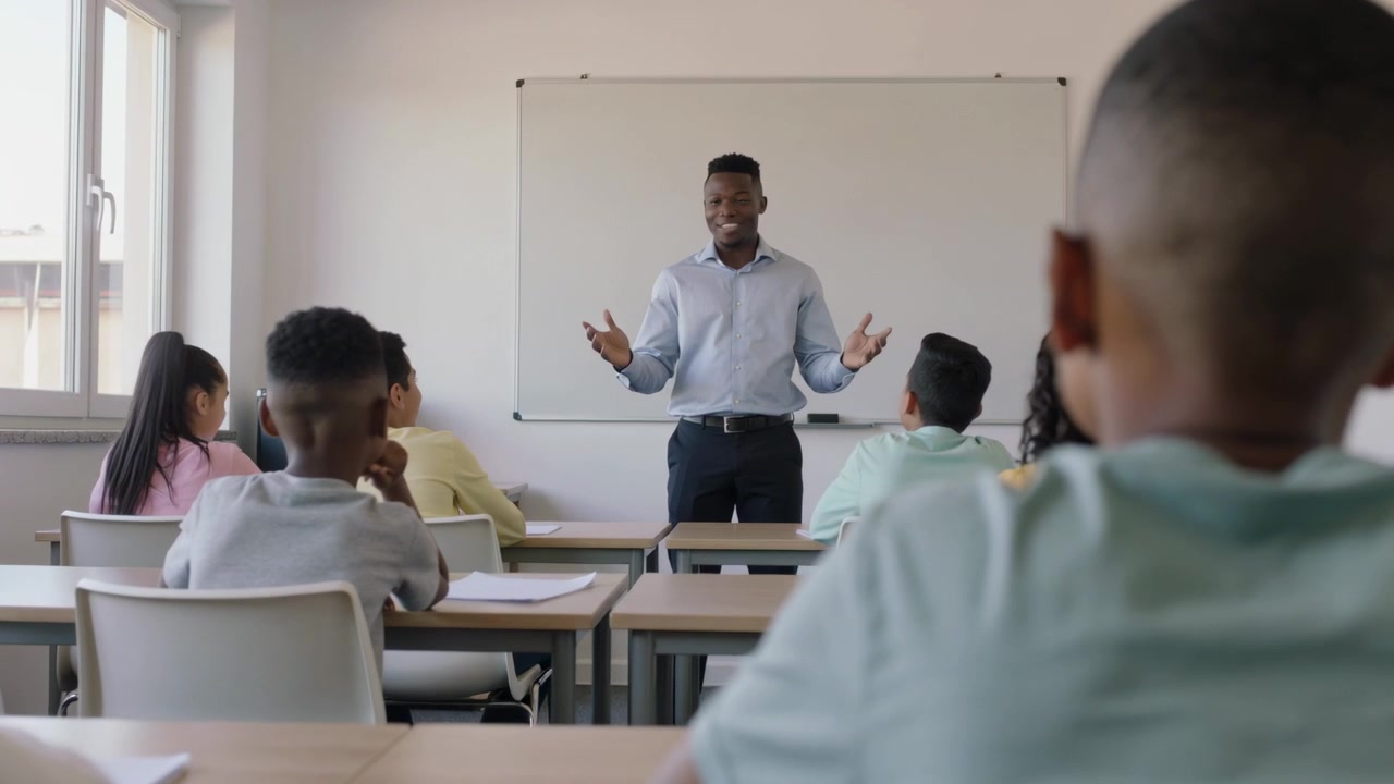 Starting lesson, teacher in blue shirt gesturing and speaking at whiteboard, emphasizing points