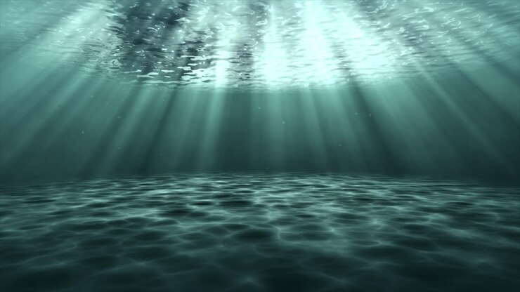Onderwater oceaan zandige zeebodem 3D-animatie motion graphics weerspiegeling zonnestralen op zandbank visueel effect achtergrond donkerblauwgroen