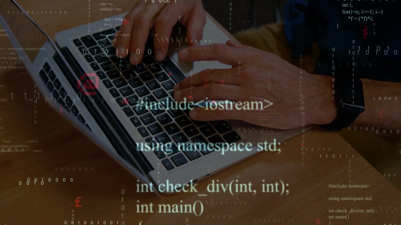 Closeup showing left hand hovering, hands shifting into typing on laptop, visualizing code
