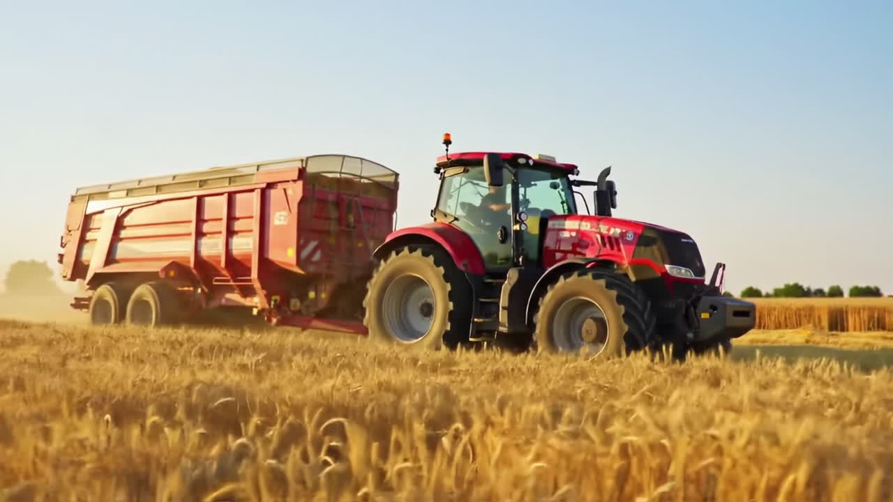 Farming in Summer With a Tractor Harvesting Wheat in Golden Fields During Sunset