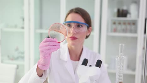 a female scientist examines a petri dish in a laboratory