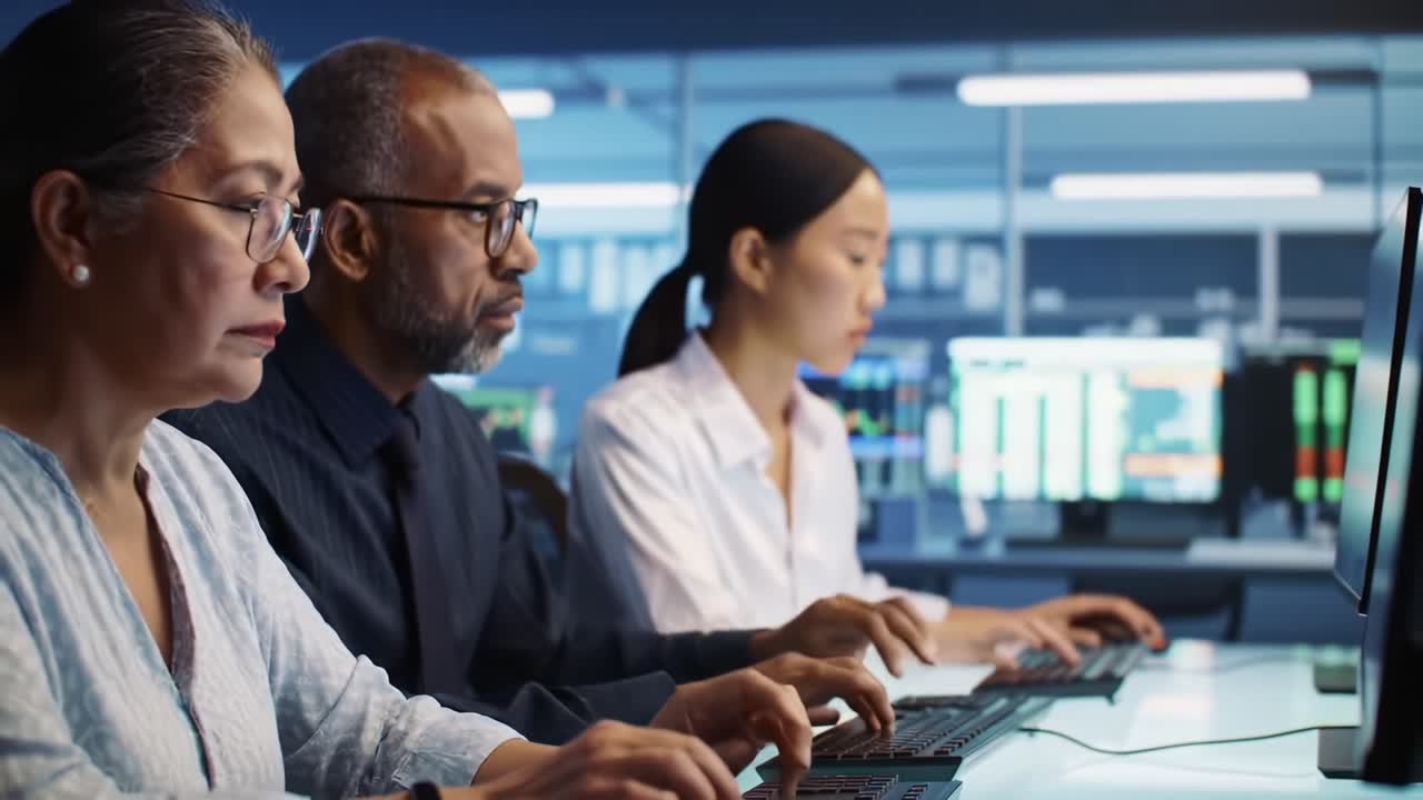 A Diverse Team of Professionals Engaged in Data Analysis, Focusing on Computer Screens and Digital Charts in a Modern Office Environment