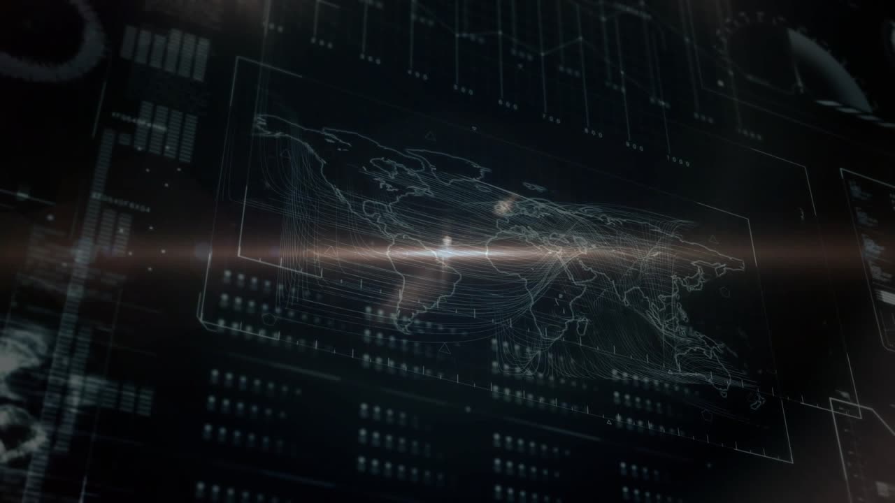 Holographic map fading, flare erupting sending particles, light beam scanning map tracing contours