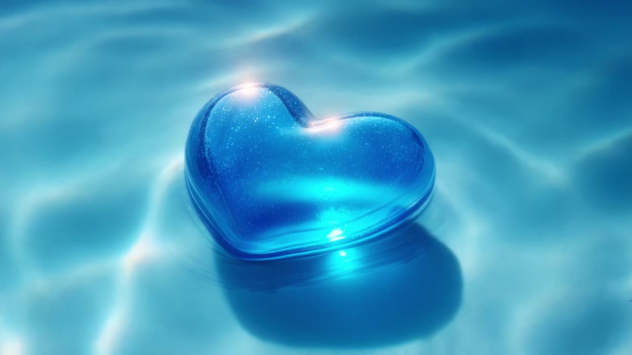A mesmerizing blue heart-shaped object gracefully floats on shimmering water surface, reflecting light and surrounded by captivating ripples, creating a serene and enchanting atmosphere