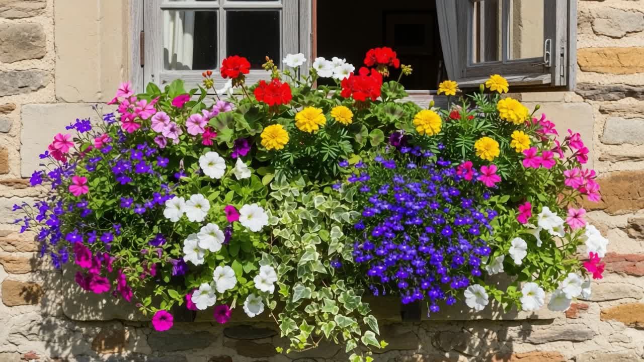 A Colorful Bloom: A Beautiful Window Box Overflowing with Vibrant Flowers and Lush Greenery, Enhancing the Charm of the Home's Exterior