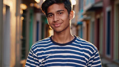 young man radiating confidence while smiling softly during golden hour, warm sunlight illuminating natural features against urban backdrop, conveying positive youthful energy