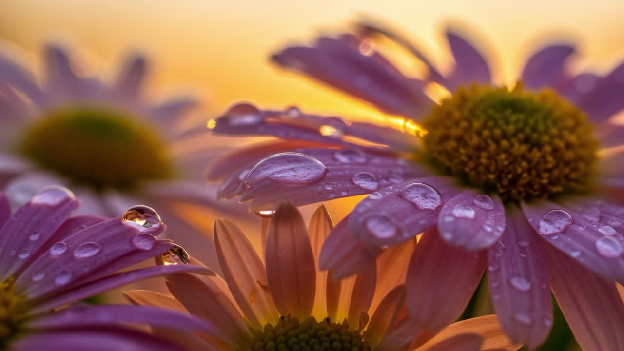 A Serene Close-up of Dew-Kissed Pink Flowers Illuminated by the Golden Hue of Sunrise, Showcasing the Beauty of Nature in All Its Glory