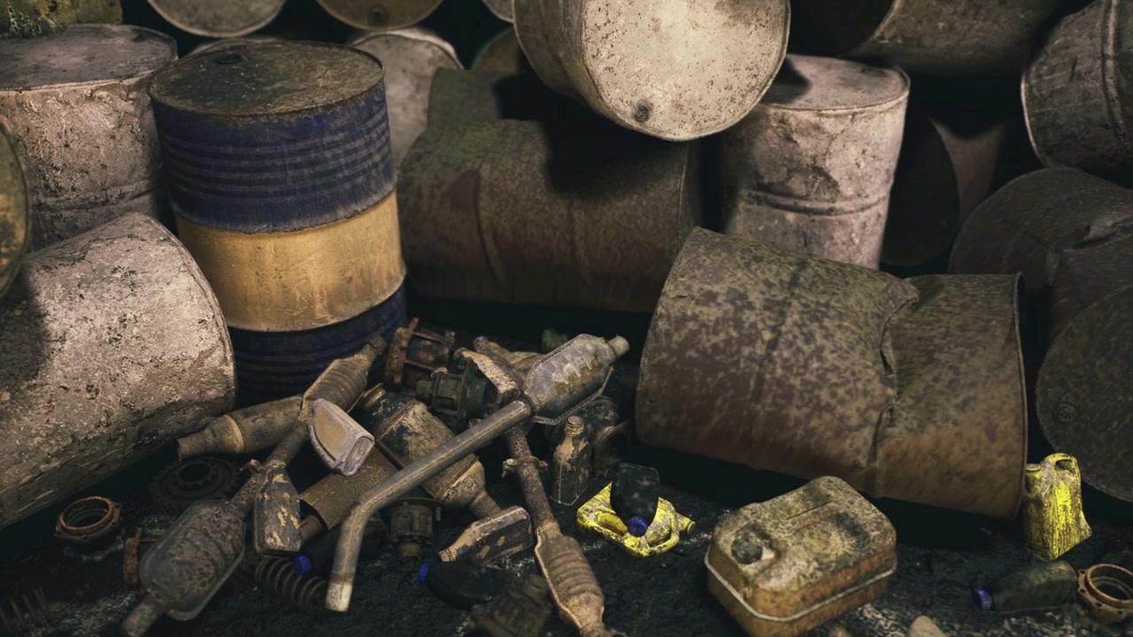 Neglected factory site featuring corroded fittings and oilstained surfaces
