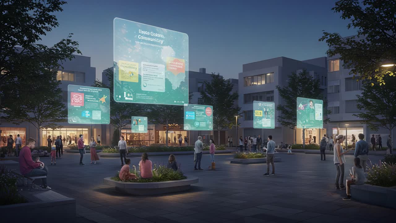 A Vibrant Evening Scene Featuring Interactive Digital Displays in a Modern Plaza, Showcasing Informative Content Amidst a Gathering of Engaged Individuals