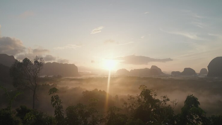 霧の山の上の日の出