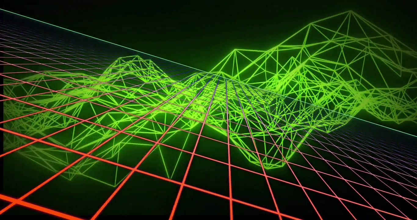 Red grid stretching starting neon green mesh rising peaks and shifting for digital terrain display