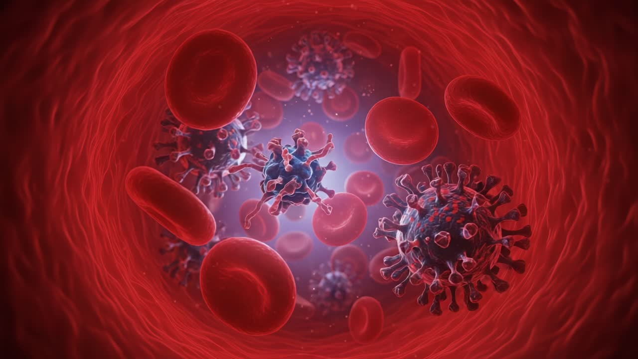 Intricate Macro View of Blood Stream: Enigmatic Viral Structures Among Red Blood Cells in a Vivid Depiction of Human Internal Environment